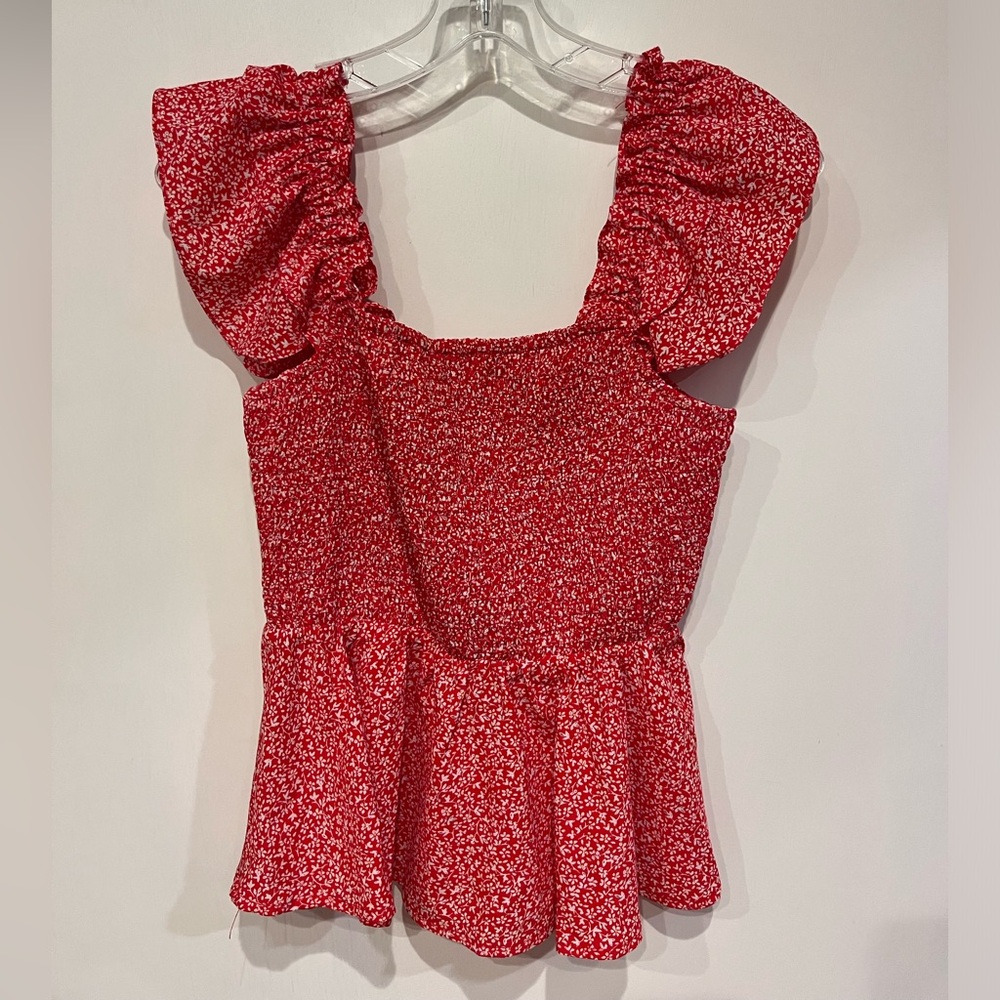 Red Square Neck Ruffled Floral Patterned Top - image 6